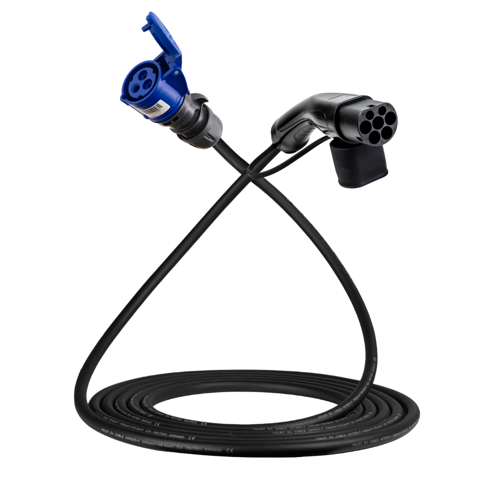 Cabo adaptador tipo 2 (lado da estação de carga) para tomada de comando azul de 3 pólos